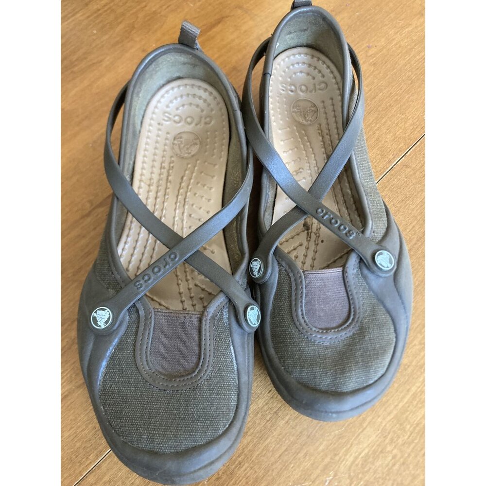 Crocs Celeste Mary Jane Brown Criss Cross Strap Slip On Shoes Womens Size 7 Comf